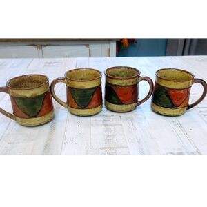 Set of 4 vintage Handcrafted Ceramic Mugs Earth Tone Geometric Design‎